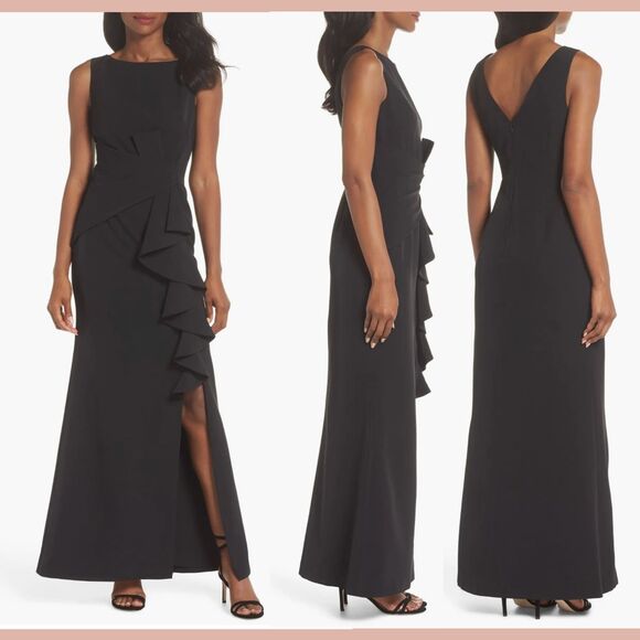 NWT $188 Eliza J‎ [ 6 ] Sleeveless Cascading Ruffle Front Gown in Black - Picture 1 of 14
